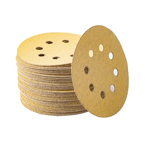 50PCS 5 Inch 8 Hole Hook and Loop Sanding Discs Sandpaper for Random Orbital Sander,80 Assorted Grit Sandpaper,Gold Round Sandpaper for Automotive or Woodworking