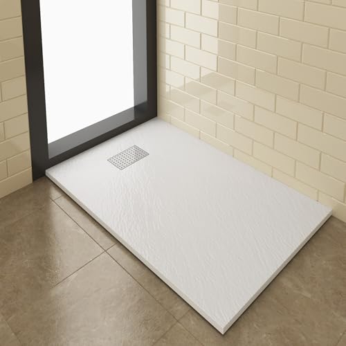 Image of ZANOFIRA 1700 x 800mm Low Profile Slate Shower Tray Anti-Slip Resin Stone Base with Stainless Steel Waste Cuttable Square Shower Tray for Enclosure Installation