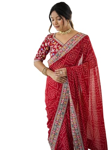 Image of Satrani Women's Georgette Bandhani Printed Sequin Embroidery Saree with Unstitched Blouse Piece