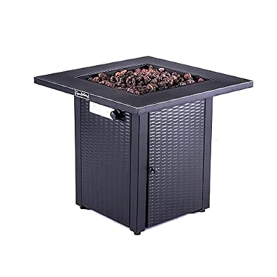 OCMC 28 Inch Outdoor Propane Gas Fire Pit Table 50,000 BTU with Lid and Lava Rock for Outside Garden Backyard Deck Patio, Black