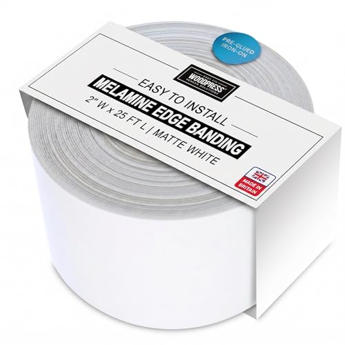 Image of WoodPress 2 inch Matt White Melamine Edge Banding, Pre-Glued Veneer Tape - 25 ft Roll - Iron-On for Easy DIY Application - Will Cover The Edge of a Standard 8' x 4' MDF Panel