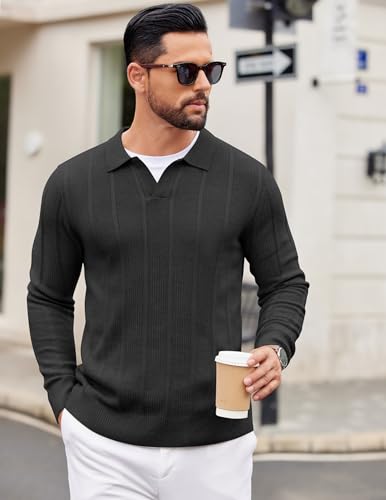 COOFANDY Mens Knit Long Sleeve Polo Sweaters Casual Polo Collared Sweater V-Neck Textured Pullover4