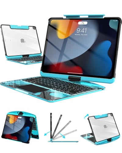 Image of Wireless Keyboard Case for iPad 9th (7th, 8th, and 9th Gen) 10.2 Inch, Transparent Protective Cover with 7-Color Backlit Keyboard, 360 Rotating Stand, Multi-Touch Trackpad and Pencil Holder, Blue