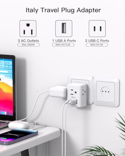 Italy Travel Plug Adapter, Italy Travel Essentials, Type L Adapter for Italy, San Marino, Vatican City, European Plug Adapter with 3 Electrical Outlets and 3 USB Charger Ports3