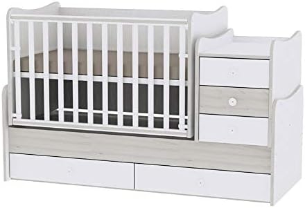 Lorelli Maxi Plus Convertible Baby Bed components separated into a youth bed, desk, and chest of drawers.