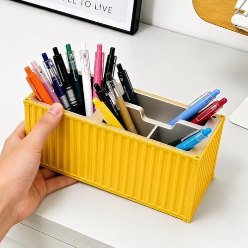 Image of FreshDcart Multi-Function 4 Slots Shipping Container Desk Organizer for Pens, Mobile Phones,Remote, Business Cards & Office Supplies Stylish Desktop Storage Box (Yellow)