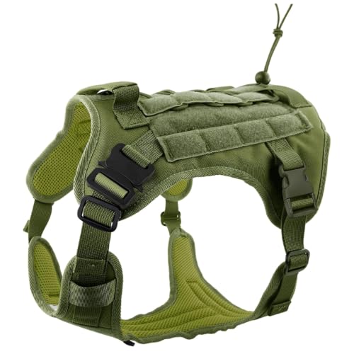 Image of HANK Tactical Dog Harness - No Pull Heavy Duty - Pet Body Vest with Military Standard Fabric - 2 Front Metal Buckles - Dog Belt for Training - Walking (Green, Medium)