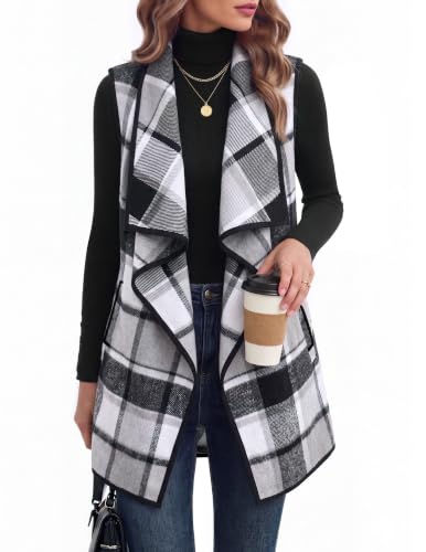 Zeagoo Buffalo Plaid Vests for Women Lapel Open Front Jackets Trendy Coat — view 2