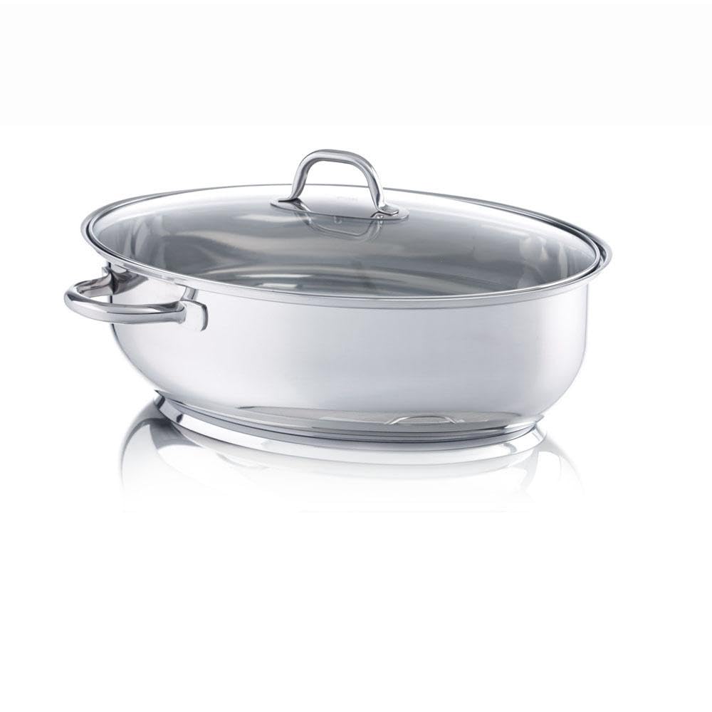 Cocotte en acier inoxydable 38 cm avec couvercle en verre, fourchette à viande et louche à soupe