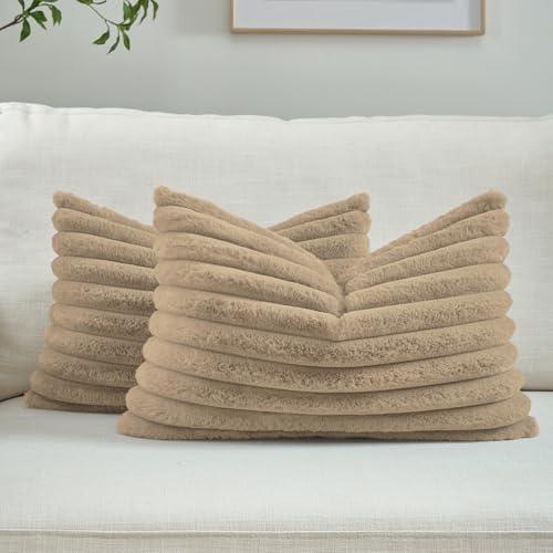 FUTEI Pack of 2 Faux Fur Throw Pillow Covers 12x20 Inch, Khaki