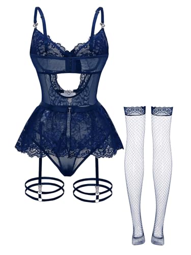 Image of Foxiny Sexy Lingerie Set 3 Piece Women Corset Bodysuit | Sheer Mesh Lace Push-Up Underwire Heart Garter Stocking Plus Size Curvy Exotic Costume Halloween Christmas Valentine's Day