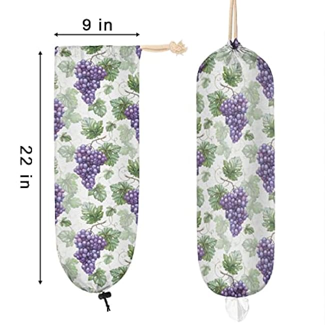 Grape Plastic Bag Holder Grocery Bag Holder with Adjustment Drawstring Reusable Wall Mount Trash Bag Organizer Dispenser for Kitchen Home Travel,22 x 9 in