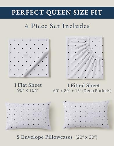 Image of LANE LINEN Eco Friendly 100% Organic Cotton Queen Bedsheet Sets, Luxury Printed Cotton Sheets Fully Elasticized Low Pill Fade Resistant deep Pocket Queen Sheets Fits 15 inch Mattress- Black Polka Dot