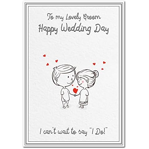 to My Lovely Groom on Our Wedding Day Cards - from Bride to Groom Wedding Card - Special Keepsake Wishes - Blank Inside to Write own Message - Quality Marriage Greeting - Cartoon Couple Cover