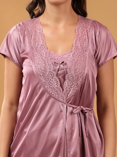 Image of Women 2 Pieces Bridal Light Green Satin lace Self Design Night Wear Lingerie Babydoll Set Satin Short Nighty with Lace & Robe