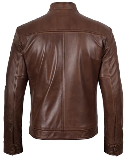 Image of fjackets Mens Leather Jacket - Real Lambskin Cafe Racer Moto Biker Stand Collar Jacket