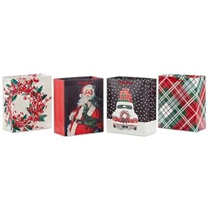 Hallmark 9″ Medium Christmas Gift Bag Bundle (4 Bags: Traditional Santa, Holly Wreath, Snowy Red Car, Red and Green Plaid) for Friends, Coworkers, Teachers, Neighbors