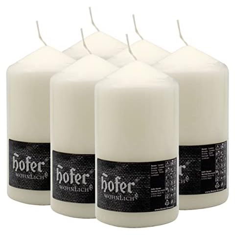 Hofer Velas Pilar - Paquete de 6 piezas - 60 horas de tiempo de combustión - Marfil - 8 cm x 15 cm - Cera sin perfume, sin goteo, larga duración, calidad de la UE Cover