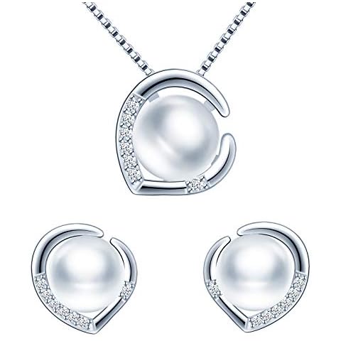 Yumilok Simulated Pearl Jewelry Set, 925 Sterling Silver Pearl Earrings Necklace for Women Cover