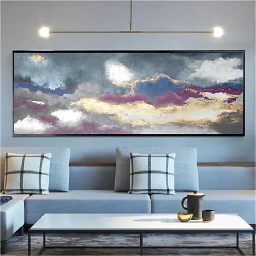 Toile de grande taille abstraite violet or avec cadre noir 100x163