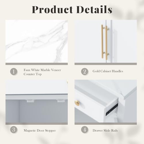 Image of Modern Freestanding Kitchen Pantry,Buffet Food Storage, Coffee Bar Cabinet with Drawer, 2 Adjustable Shelves and 2 Door Shelves for Dining, Kitchen, White (White + MDF + Farmhouse)