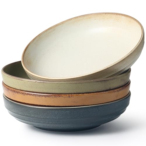 HAPPY KIT Pasta Bowls Set of 4, 9'' Large Bowl Set for Kitchen, Stoneware Deep Serving Bowls, 42 oz...
