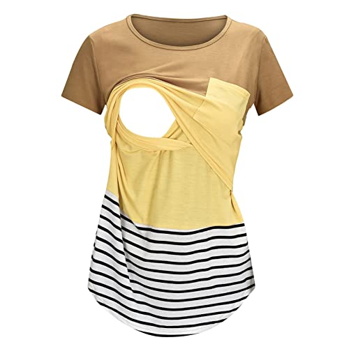 Womens Maternity Short Sleeve Crew Neck Striped Printed Nursed Tops T Shirt For Maternity Sweaters For Women Yellow #TOP30