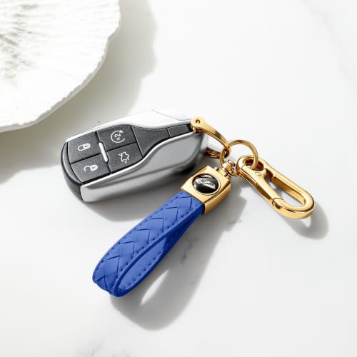 Image of Gkeygo Carabiner Keychain, Universal Heavy Duty Woven Handmade Leather Key Chain, Car Fob Key Keychains with 360 Degree Rotatable Snap Swivel and Anti-Lost D-Ring for Men and Women,Light Gold - Blue