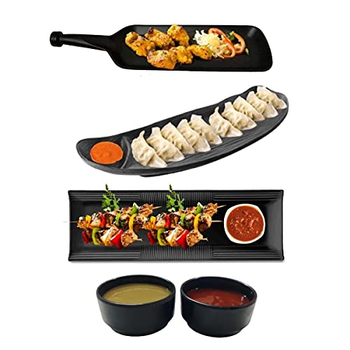 Image of Melamine 6 Pcs Black Serving Platter Combo for French Fries, Momos, Rolls Dessert and Snacks Serving /Tray (Matt Black, Combo of 6 Pcs)