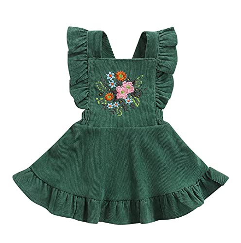 MERSARIPHY Baby Girls Suspender Dress Infant Embroidered Straps Skirt Overall Dresses Winter Fall Clothes (Green, 3-6 Months)