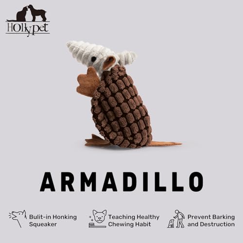Image of Hollypet Plush Dog Squeaky Toy Stuffed Armadillo Animal Pet Puppy Chew Toys with Clean Teeth for Small Medium Large All Breed Sizes Dogs, Brown, 6 in