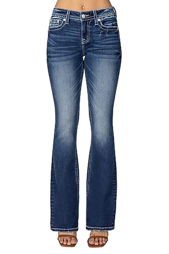 Miss Me Women's Mid-Rise Bohemian Pattern Embellished Bootcut Jeans with Faux Flap Pockets2
