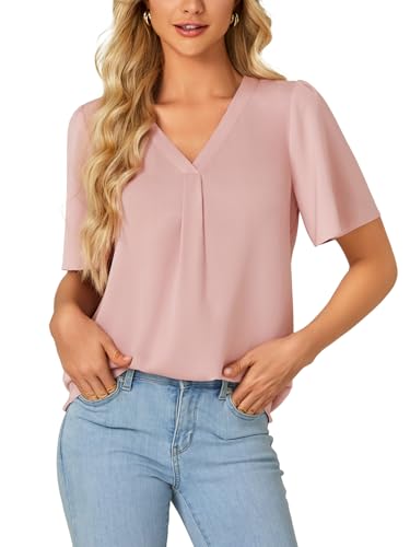 Rooscier Women's Ruffle Short Sleeve V Neck Loose Fit Cute Casual Blouse Tunic Top - Image 3