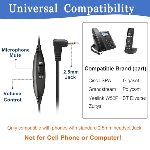 2,5mm Headset Telefon Dect mit Mikrofon Noise Cancelling, Schnurlos Festnetz Kopfhörer Kompatibel mit Panasonic Gigaset C430A C530 S810 S850 CL660 Grandstream Cisco SPA Polycom, Kristallklar Chat