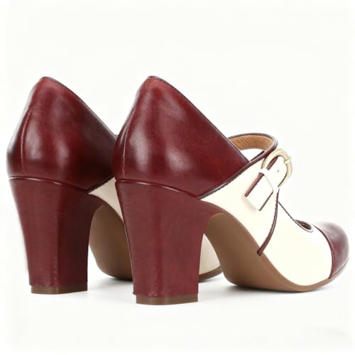 Image of SHODENSE Women Vintage Chunky High Heel Mary Jane Shoes Round Closed Toe Ankle Strap Dress Sandals 3 inch Block Heels Mary Jane Lolita Pumps Two-Toned Patchwork Buckle Office Lady Wedding Retro 4-11 M US