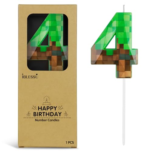 Number 4 Green Pixel Birthday Candle, 2.68 Inch Green Miner Numbe...