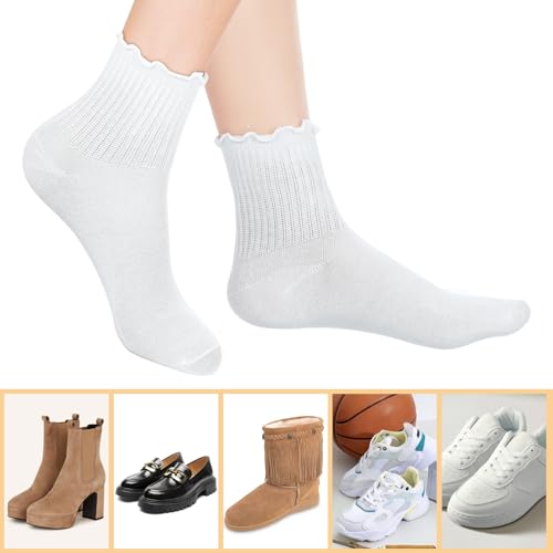 Image of Ptwola 6 Pairs Women Ruffle Socks Cute Ankle Boot Frilly Socks White Soft Knit Cotton Crew Dress Sock Lettuce Trim Stockings for Teen Women Elastic Slouchy One Size Boot Leather Shoes