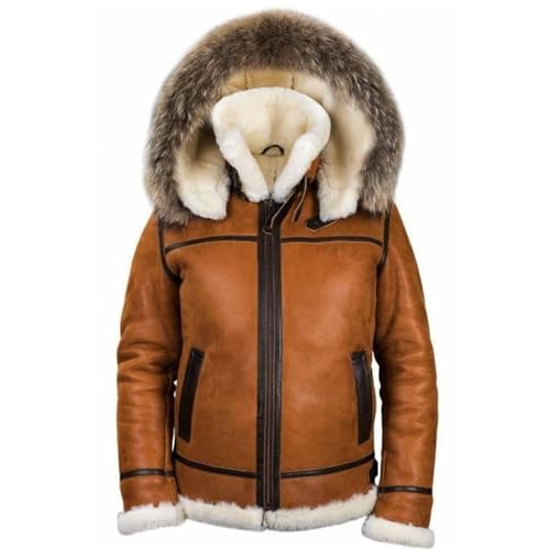 Mens Faux Suede Shearling Leather Coat Zipper Fur Hooded Sherpa Lined Brown Winter Thicken Warm Jacket Outwear Pocket2
