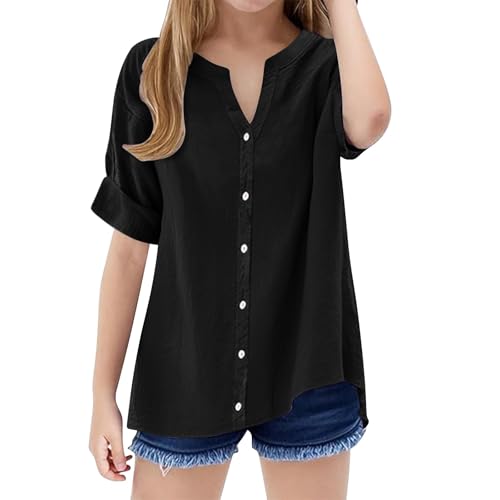 Girls Short Sleeve T Shirts Kids Summer Crewneck Tunic Button Up 2025 Summer Beach Solid Short Sleeve Tops
