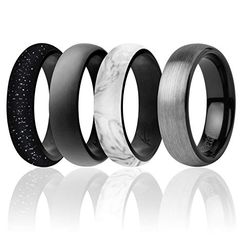 ROQ Silicone Rubber Wedding Ring for Women, Rubber Silicone Wedding Band, Bridal Jewelry Set, Anniversary Rings, Promise Ring, Tungsten Carbide & Brushed Top Silicone Ring Set, 6mm Wide 2mm Thick, 4 Pack, Grey, Clear with Silver Glitter, White Marble, Black, Size 5