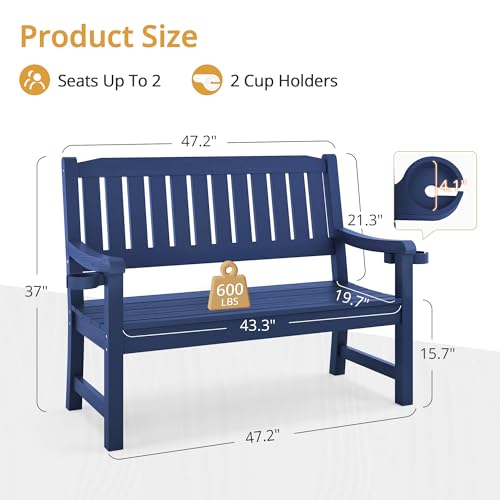 LUE BONA Outdoor Bench, 2-Person HDPS Garden Bench, Outdoor Benches Weatherproof, All-Weather Fade/Rot Resistant Patio Bench for Park, Front Porch, Backyard (Navy) - Image 3