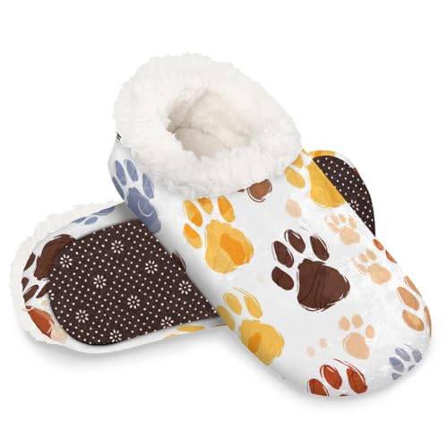 Cute Watercolor Cat Dog Paw Print House Slippers for Women Men, Fuzzy Warm Slippers Non Slip Slipper Socks