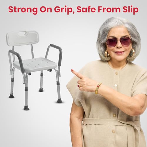 Image of Antara AGEasy (Max Group) Safesit Shower Chair for Seniors | Adjustable Bath Stool with Padded Armrests & Back | Shower Chair with Removable Back & Height Adjustable Legs for Bathroom, Bathtub
