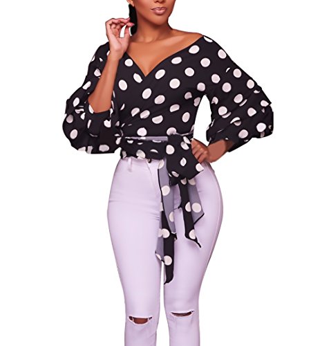 Tops Mujer Elegantes Vintage Manga Linterna Lunares Camisas Fiesta Classic Chic Manga Larga V Cuello Slim Fit Chic Primavera Camisa Blusas