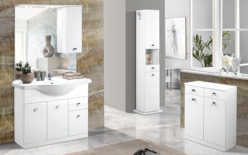 Mueble de baño 'Missy' acabado blanco brillante compuesto por: mueble de baño 105 x 45 x 190 (base, lavabo, espejo, gabinete) - columna giratoria cm. 43 x 43 x 186 cm. Mueble puertas y cajones.