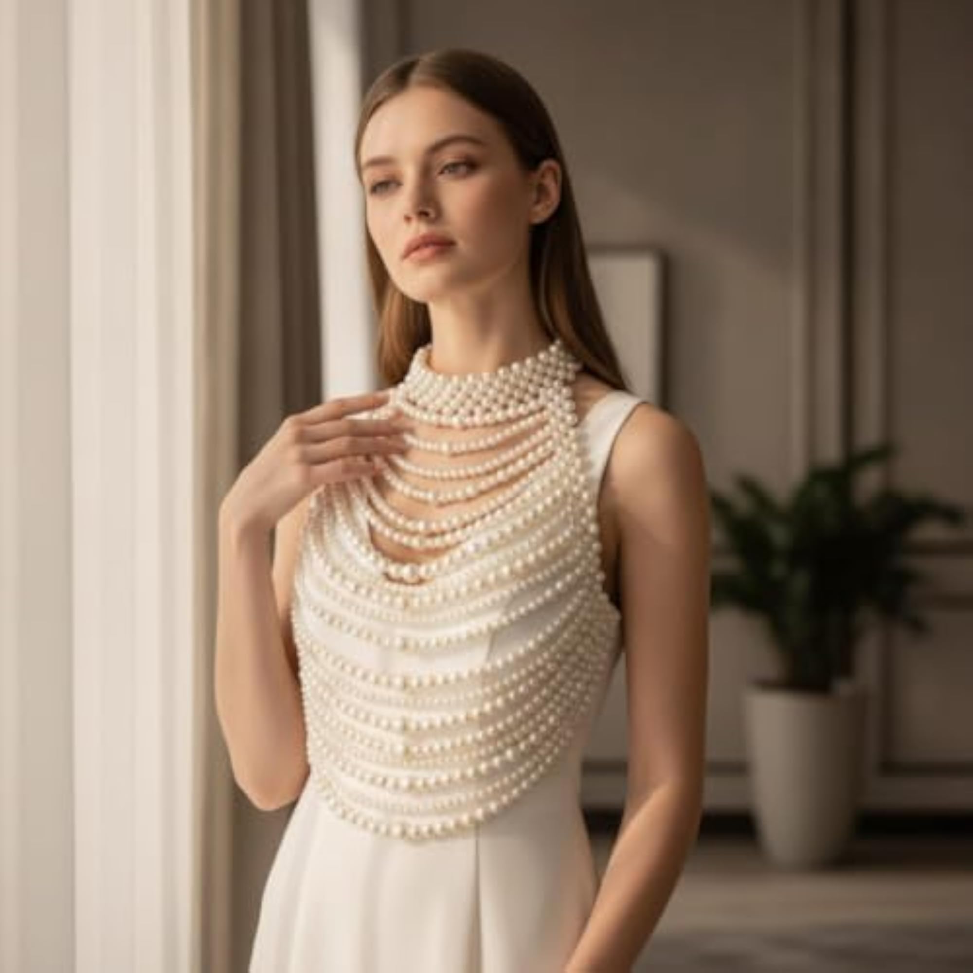 Women's Layered Pearl Body Chain, Multi-Row Beaded Necklace