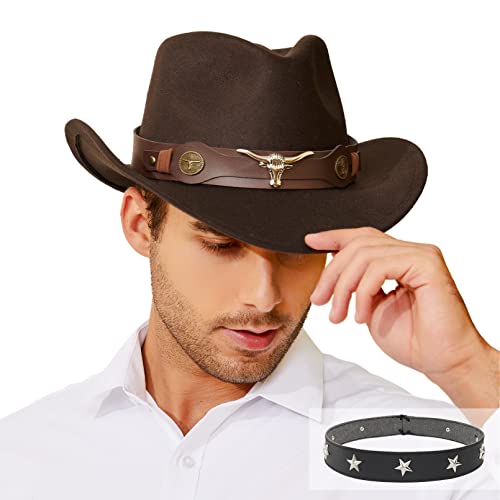 Rainflowwer Cowboy Hat Men, Coffee Cowboy Hat For Women, Western Style Hat With Wide Belt Wide Brim Dark Brown #TOP10