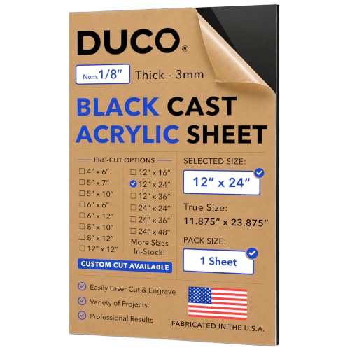 Duco 1/8" Black Cast Acrylic Sheet, 12"x24" Plexiglass Sheet, 1 Pack