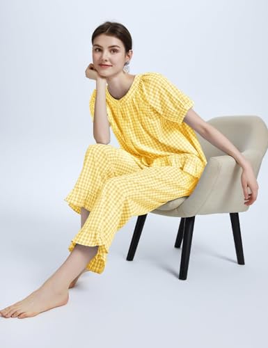 Flygo Womens Plaid 2 Piece Pajamas Sets Gingham Button Down Puff Sleeve Babydoll Shirt Ruffle Pants Y2K Pjs Lounge Set