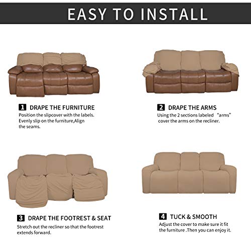 Image of Easy-Going 8 Pieces Microfiber Stretch Sectional Recliner Sofa Slipcover Soft Fitted Fleece 3 Seats Couch Cover Washable Furniture Protector with Elasticity for Kids Pet(Recliner Sofa, Camel)